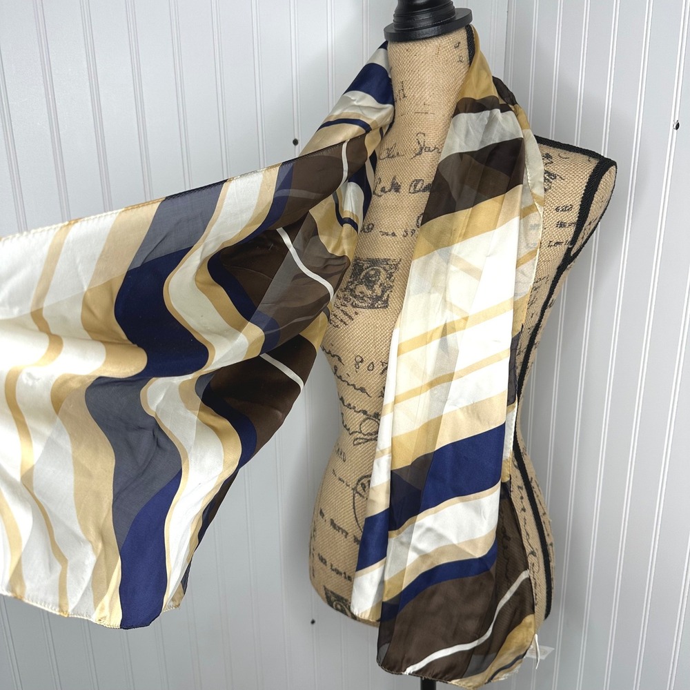 Vtg Talbots 100% Silk Long Scarf Navy Blue Gold Striped Japan Semi Sheer READ